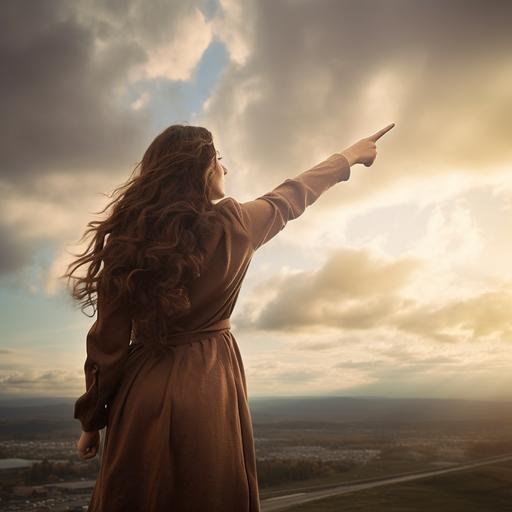 a woman outside pointing at the sky, long brown hair, facing the opposite direction, view of the back of their body, arm extending up towards the sky with pointer finger out, aesthetically pleasing, long shot, UHD