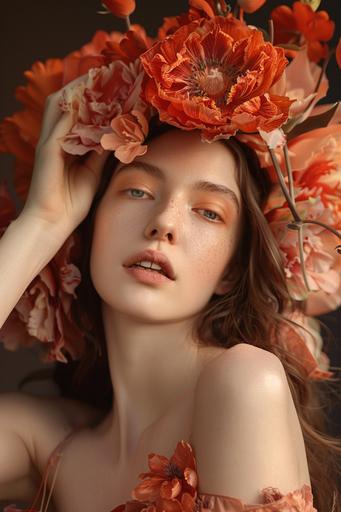 a woman posing on a flower crown, in the style of multidimensional layering, aykut aydogdu, carlo dolci, light orange and dark brown, exaggerated facial features, playful, youthful images, vibrant florals --ar 85:128