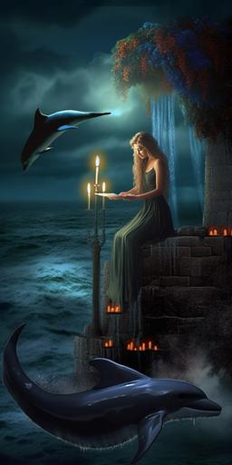 a woman singing a beautiful song on a stone platform in the middle of a wavey ocean while dolphins listening, candles, lamp, small tree, dramtic lighting, rich colors, surreal, artistic --ar 1:2 --c 20 --q 2 --s 750 --v 5