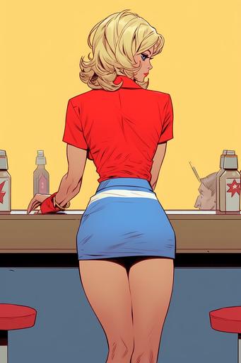 a woman sitting on an ergonomic stool at the counter waiting for food, in the style of comiccore, realistic yet romantic, animated gifs, red mini skirt and blue shirt, back view, commission for, close-up, depictions of labor --ar 100:150 --niji 5 --style expressive --stylize 750 --q 2 --c 25 --no signature, watermark