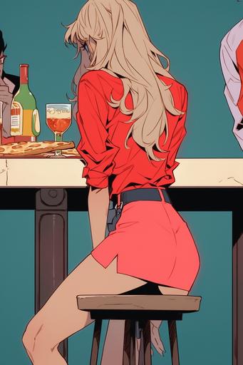 a woman sitting on an ergonomic stool at the counter waiting for food, in the style of comiccore, realistic yet romantic, animated gifs, red mini skirt and blue shirt, back view, commission for, close-up, depictions of labor --ar 100:150 --niji 5 --style expressive --stylize 750 --q 2 --c 25 --no signature, watermark