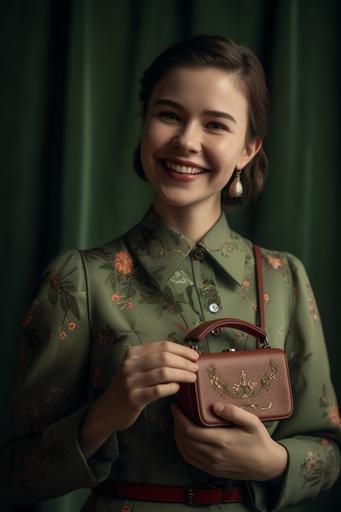 a woman smiling while holding her green purse, in the style of nature-inspired motifs, zeiss ikon zm, exotic, rounded, understated sophistication, light red and dark green, precise craftsmanship --ar 2:3 --q 2 --upbeta --s 750 --v 5