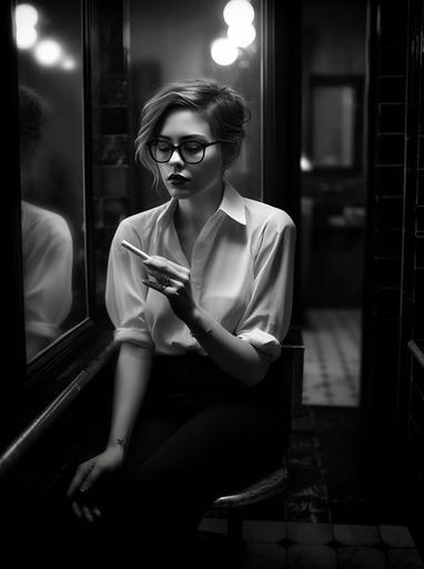 a woman smoking in a women's restroom, in the style of 4K photography, fairy tale, dark white and white, messy, mcdonaldpunk, heavy black glasses, elegantly formal, i can't believe how beautiful this is --ar 67:90 --s 750 --v 5