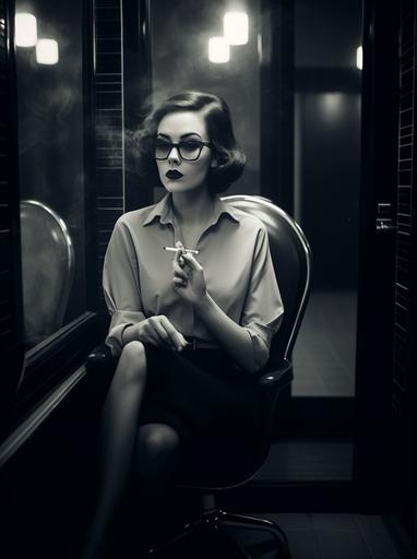 a woman smoking in a women's restroom, in the style of 4K photography, fairy tale, dark white and white, messy, mcdonaldpunk, heavy black glasses, elegantly formal, i can't believe how beautiful this is --ar 67:90 --v 5.1