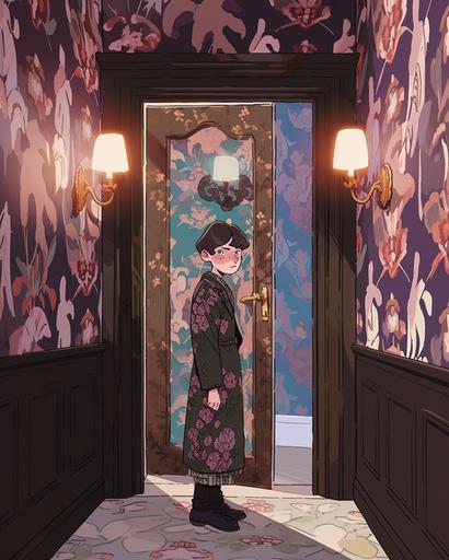 a woman standing in a room with floral decoupage haunted wallpaper and a ghost shadow above the door, in the style of graphic novel inspired illustrations, lit kid, purple and bronze, haunted wallpaper, hyper-detailed illustrations, i can't believe how beautiful this is, mirror --ar 4:5 --niji 5