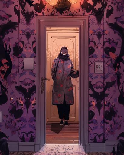 a woman standing in a room with floral decoupage haunted wallpaper and a ghost shadow above the door, in the style of graphic novel inspired illustrations, lit kid, purple and bronze, haunted wallpaper, hyper-detailed illustrations, i can't believe how beautiful this is, mirror --ar 4:5 --niji 5