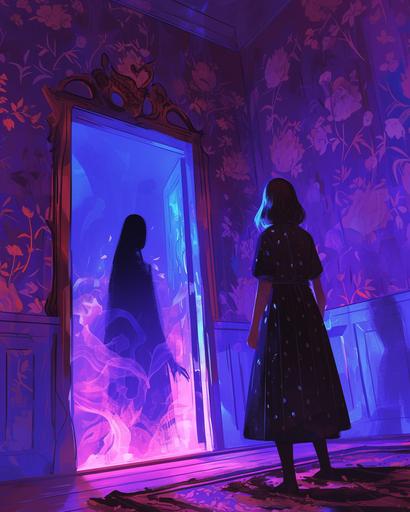 a woman standing in a room with tulip floral wallpaper and a ghost shadow above the door, in the style of graphic novel inspired illustrations, lit kid, purple and bronze, haunted wallpaper, hyper-detailed illustrations, i can't believe how beautiful this is, mirror --ar 4:5 --niji 6