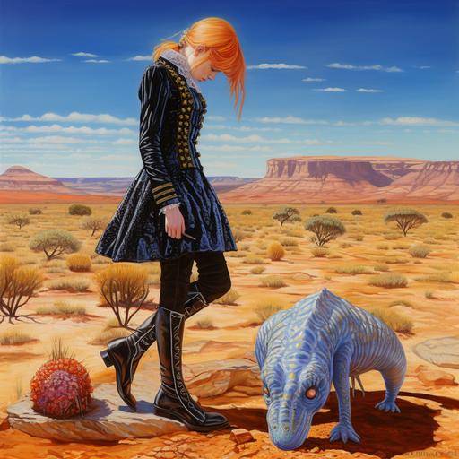 a woman standing in the Australian desert whith strawberry blond hair. She has rainbow leggings and shiny black lace up boots. She is floating half a meter above the ground and shileding her eyes from the sun. blue tongue lizard. Her eyes are blue. Painting victorian style hyerreal.
