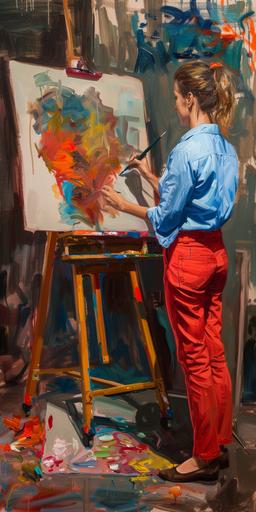a woman teaching an art class wearing red pants and a blue shirt --ar 1:2 --v 6.0