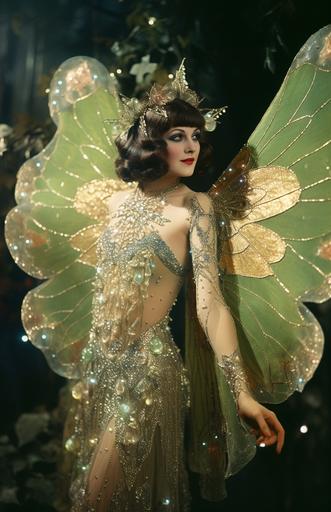 a woman wearing a sparkly faerietale couture butterfly costume in an old photograph, in the style of light green and light gold, curves, sparklecore, exaggerated poses, herb trimpe, colorful costumes, françois marcela-froideval, fairycore, ethereal, --ar 71:110