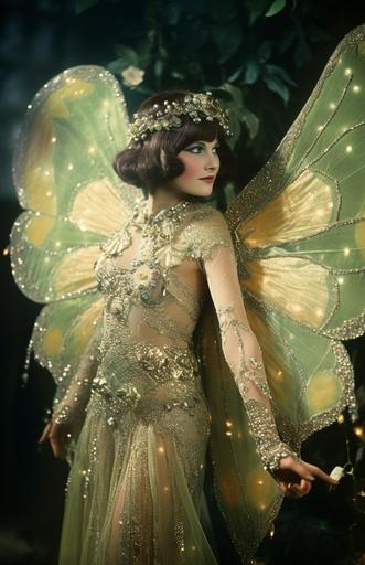 a woman wearing a sparkly faerietale couture butterfly costume in an old photograph, in the style of light green and light gold, curves, sparklecore, exaggerated poses, herb trimpe, colorful costumes, françois marcela-froideval, fairycore, ethereal, --ar 71:110
