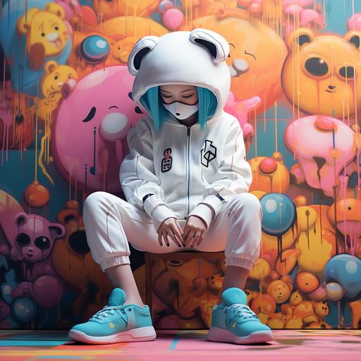a woman wearing an all white suit with white tennis shoes wearing a panda head in cartoon anime graffiti style with pastel colors and shadows