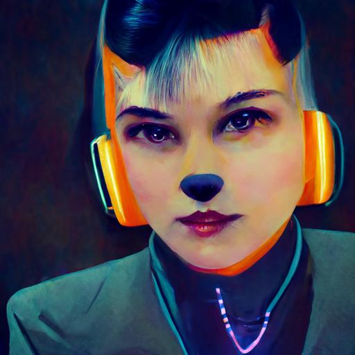 a woman wearing headphones and a necklace, a polaroid photo, inspired by Kristin Nelson, furry art, trending on bbwchan, twitch streamer / gamer ludwig, might delete later, steam necropolis, angular eyebrows, shmup, trans rights, empty office, archive photo, colored photo, f22, bay :: a silver fox, a character portrait, inspired by Osamu Tezuka, computer art, correct canine muzzle, muted cyberpunk style, cute fox, scanlines, emoji, battletech style, smiling, spy kangaroo, test subject