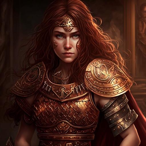 a woman who wears maroon gladiator armor with gold trim she is muscular brown hair brown eyes color of brown hair she wears a chain mail skirt leather glove a viking appearance