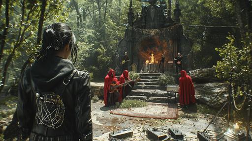 a woman with a black leather jacket and gothic hair is setting up a music festival stage in the middle of a forest complete with a burning pentagram and gothic demon statues, red robed cultists are playing guitars, cinematic --ar 16:9