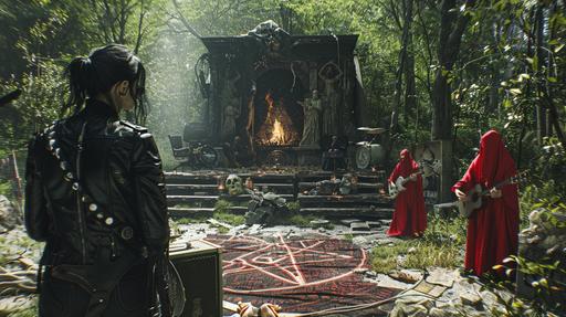 a woman with a black leather jacket and gothic hair is setting up a music festival stage in the middle of a forest complete with a burning pentagram and gothic demon statues, red robed cultists are playing guitars, cinematic --ar 16:9