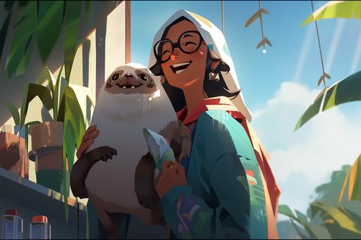 a woman with glasses and a stuffed sloth wizard smiling, in the style of realistic genre scenes, colorful animation stills, guatemalan art, sony alpha a1, grotesque characters --ar 3:2 --style scenic --niji 5