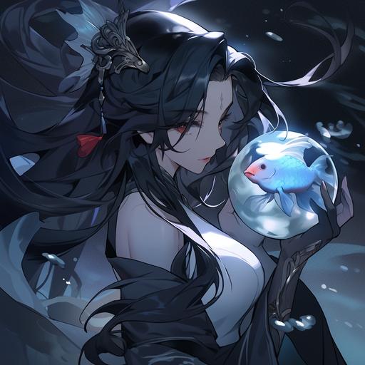 a woman with long black hair holding a fish bowl, black elegant hair, from arknights, black - haired mage, flowing black hair, onmyoji detailed art, black long hair, onmyoji portrait, beautiful witch with long hair, artwork in the style of guweiz, beautiful elegant demon queen, long flowing black hair, black hime cut hair, realistic anime style at pixiv --niji 5