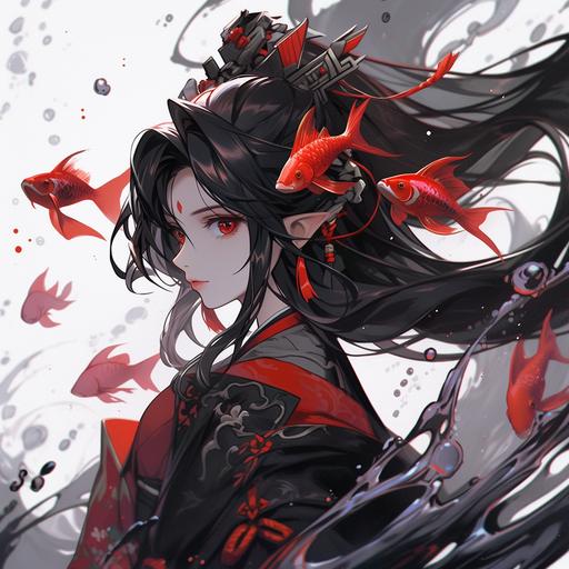 a woman with long black hair holding a fish bowl, red mark on forehead, black elegant hair, from arknights, black - haired mage, flowing black hair, onmyoji detailed art, black long hair, onmyoji portrait, beautiful witch with long hair, artwork in the style of guweiz, beautiful elegant demon queen, long flowing black hair, black hime cut hair, realistic anime style at pixiv --niji 5