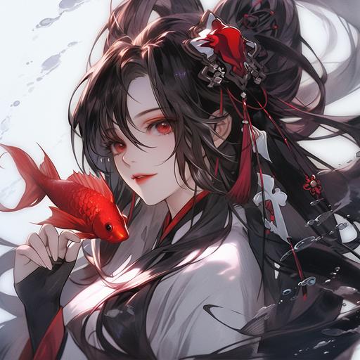 a woman with long black hair holding a fish bowl, red mark on forehead, black elegant hair, from arknights, black - haired mage, flowing black hair, onmyoji detailed art, black long hair, onmyoji portrait, beautiful witch with long hair, artwork in the style of guweiz, beautiful elegant demon queen, long flowing black hair, black hime cut hair, realistic anime style at pixiv --niji 5