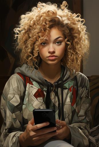a woman with long blonde curls taking a picture of herself, in the style of light gray and dark beige, exaggerated features, thick texture, african influence, light brown and dark black, strong use of contrast, light green and black --ar 59:88 --s 750