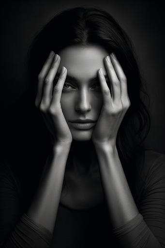 a woman with two hands on her face over her head, in the style of ebru sidar, emotional intensity, fujifilm x100v, studio portrait, daria endresen, pensive stillness, ray eames --ar 85:128 --v 5.1 --style raw