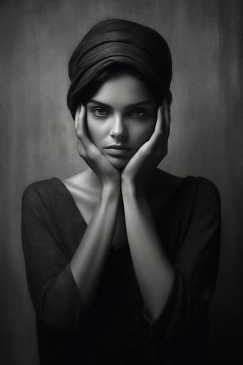 a woman with two hands on her face over her head, in the style of ebru sidar, emotional intensity, fujifilm x100v, studio portrait, daria endresen, pensive stillness, ray eames --ar 85:128 --v 5.1 --style raw