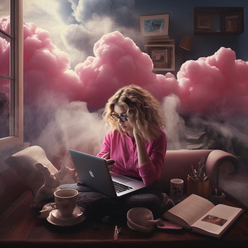 a woman writer lost in her world, dark cloud, pink cloud, ghost, laptop, paper everywhere, coffee, sense of mystery, dark atmospere, dark sunshine