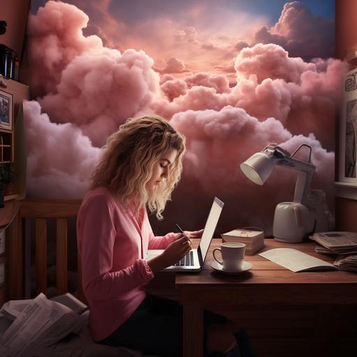 a woman writer lost in her world, dark cloud, pink cloud, ghost, laptop, paper everywhere, coffee, sense of mystery, dark atmospere, dark sunshine