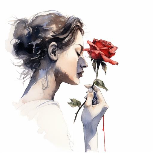 a woman's dirty hand holding a rose near her nose, side view profile, water color, pen and ink, white background