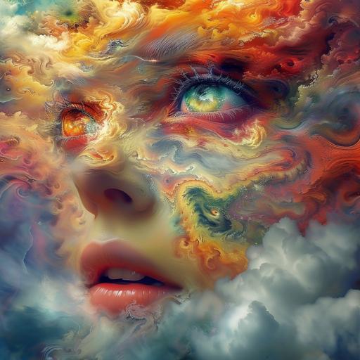 a woman's face is painted with a psychedelic eye frame and cloud, in the style of aleksi briclot, ethan van sciver, highly detailed illustrations, 32k uhd, psychedelic artwork, matthias haker, fantasypunk --v 6.0