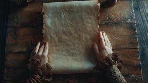 a woman's hands rolling open a blank scroll of paper. middle ages. close up on scroll. realistic. cinematic. --ar 16:9