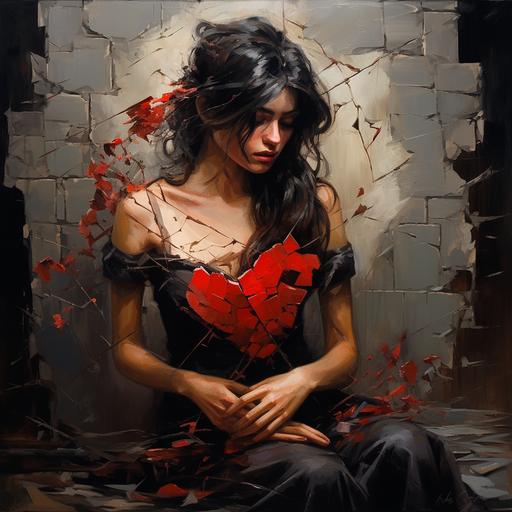 a women broken hearted, pieces of herself breaking off, holding a single rose, elements of heart breaking away, painting
