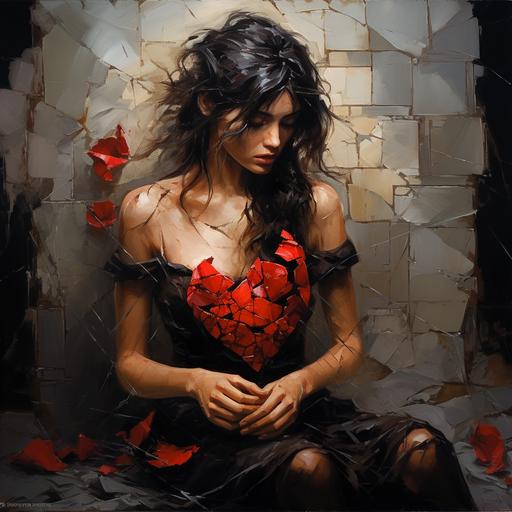a women broken hearted, pieces of herself breaking off, holding a single rose, elements of heart breaking away, painting