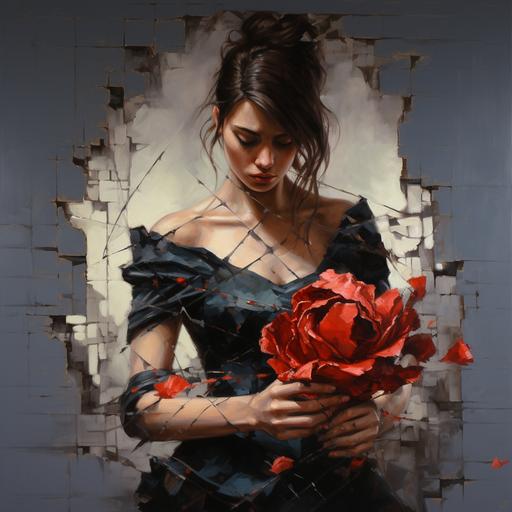 a women broken hearted, pieces of herself breaking off, holding a single rose, elements of heart breaking away, side profile painting