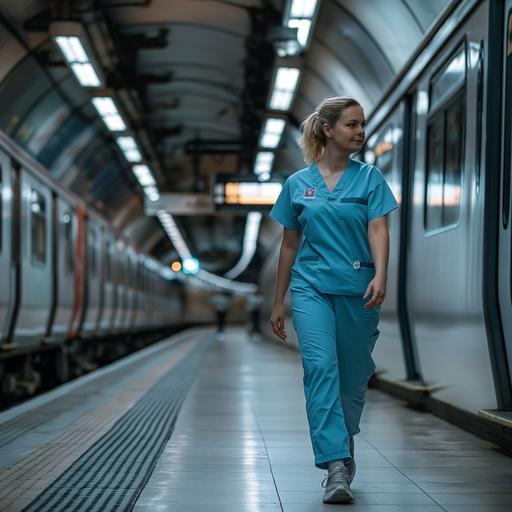 a women in blue scrubs walking along an underground train platform in a positive mood