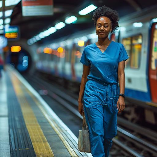 a women in blue scrubs walking along an underground train platform in a positive mood
