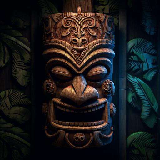 a wood carving tree smiling Hawaiian tiki mask is placed in a dark room, exotic, maori art, junglepunk, wallpaper, glowing