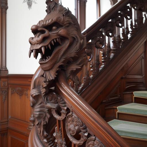 a wooden gargoyle on the end of a staircase made of dark cherry wood in the rococo style --v 5