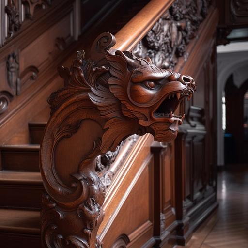 a wooden gargoyle on the end of a staircase made of dark cherry wood in the rococo style --v 5