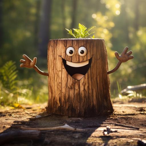 a wooden stump with a happy face cartoon style