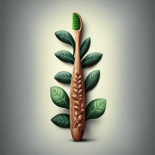 a wooden toothbrush with green leaves on a grey background, in the style of highly detailed illustrations, oleg shuplyak, realistic yet stylized, maori art, mid-century illustration, stock photo, tooth wu