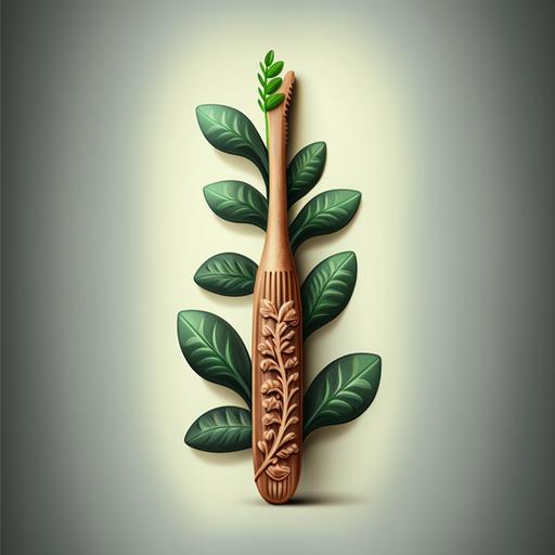 a wooden toothbrush with green leaves on a grey background, in the style of highly detailed illustrations, oleg shuplyak, realistic yet stylized, maori art, mid-century illustration, stock photo, tooth wu