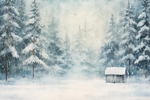 a wooden wooden hut covered in snow in a winter forest, in the style of light white and light emerald, vibrant stage backdrops, 32k uhd, frederic edwin church, cross processing, watercolor, sparse backgrounds --ar 3:2