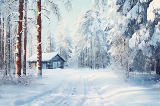 a wooden wooden hut covered in snow in a winter forest, in the style of light white and light emerald, vibrant stage backdrops, 32k uhd, frederic edwin church, cross processing, watercolor, sparse backgrounds --ar 3:2
