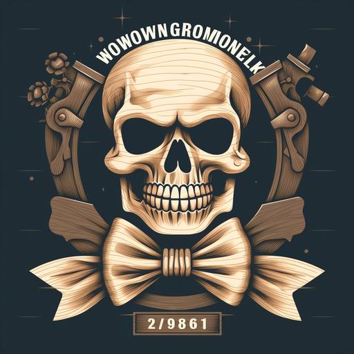 a woodworking conference logo using a skull with a bowtie and a square and power saw