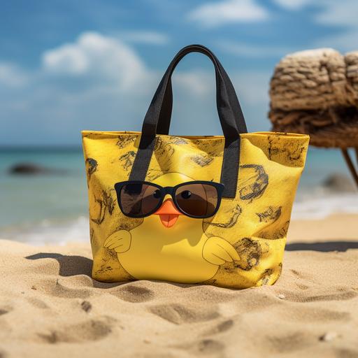 a yellow beach bag with the print of a duck that is wearing black sunglasses