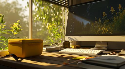 a yellow bento food container next to a computer screen, in the style of soft, dreamy scenes, rendered in unreal engine, sōsaku hanga, humorous animal scenes, australian landscapes, cinematic view, uhd image --ar 128:71 --s 50 --v 6.0