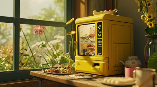 a yellow bento food machine on a table with foods on it, in the style of soft, dreamy landscapes, rendered in unreal engine, mamiya rb67, humorous animal scenes, kanō school, australian landscapes, anime-inspired --ar 128:71 --s 50 --v 6.0