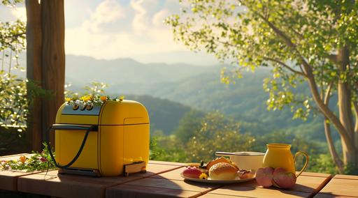 a yellow bento food machine on a table with foods on it, in the style of soft, dreamy landscapes, rendered in unreal engine, mamiya rb67, humorous animal scenes, kanō school, australian landscapes, anime-inspired --ar 128:71 --s 50 --v 6.0